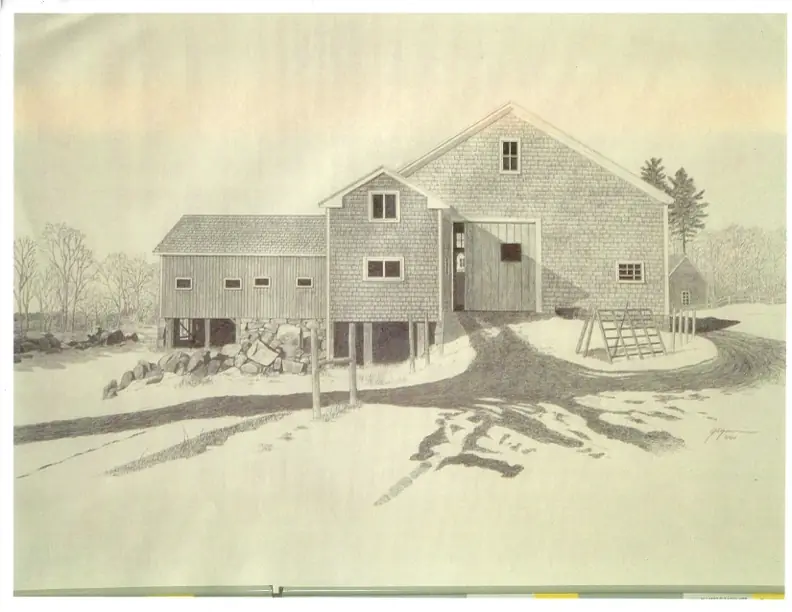 Pencil sketch of the South Road Farm barns and property